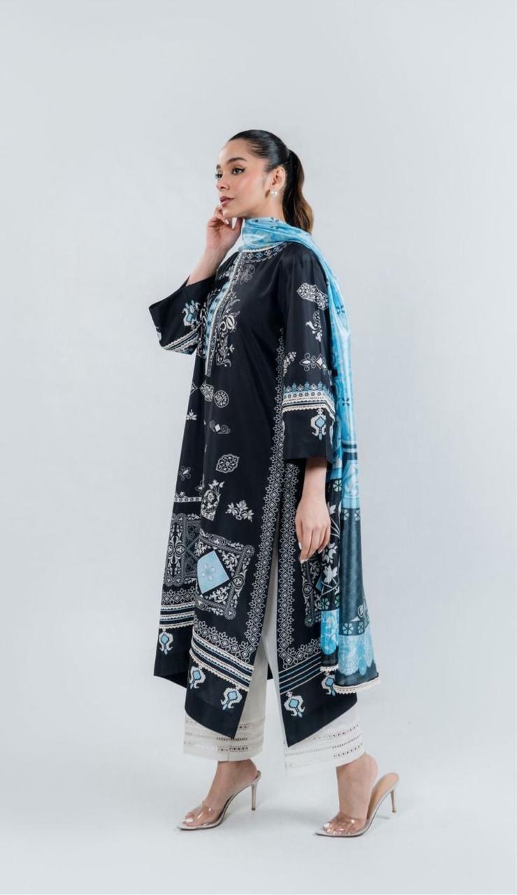 Premium Viscous Silk Denim Gray Tunic Set