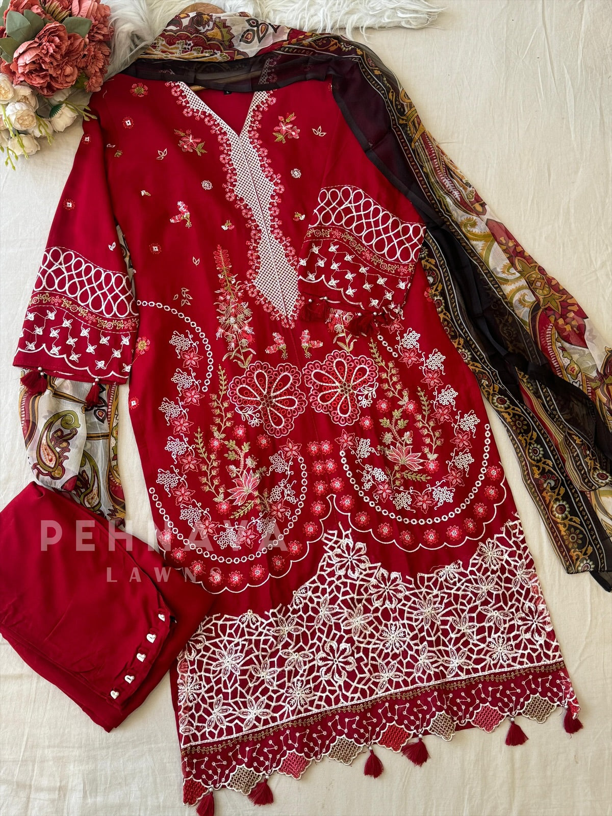 Red Semi-stitched Embroidered Rayon Suit 1451 - Pehnava Lawns