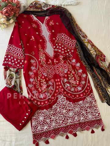 Red Semi-stitched Embroidered Rayon Suit 1451 - Pehnava Lawns