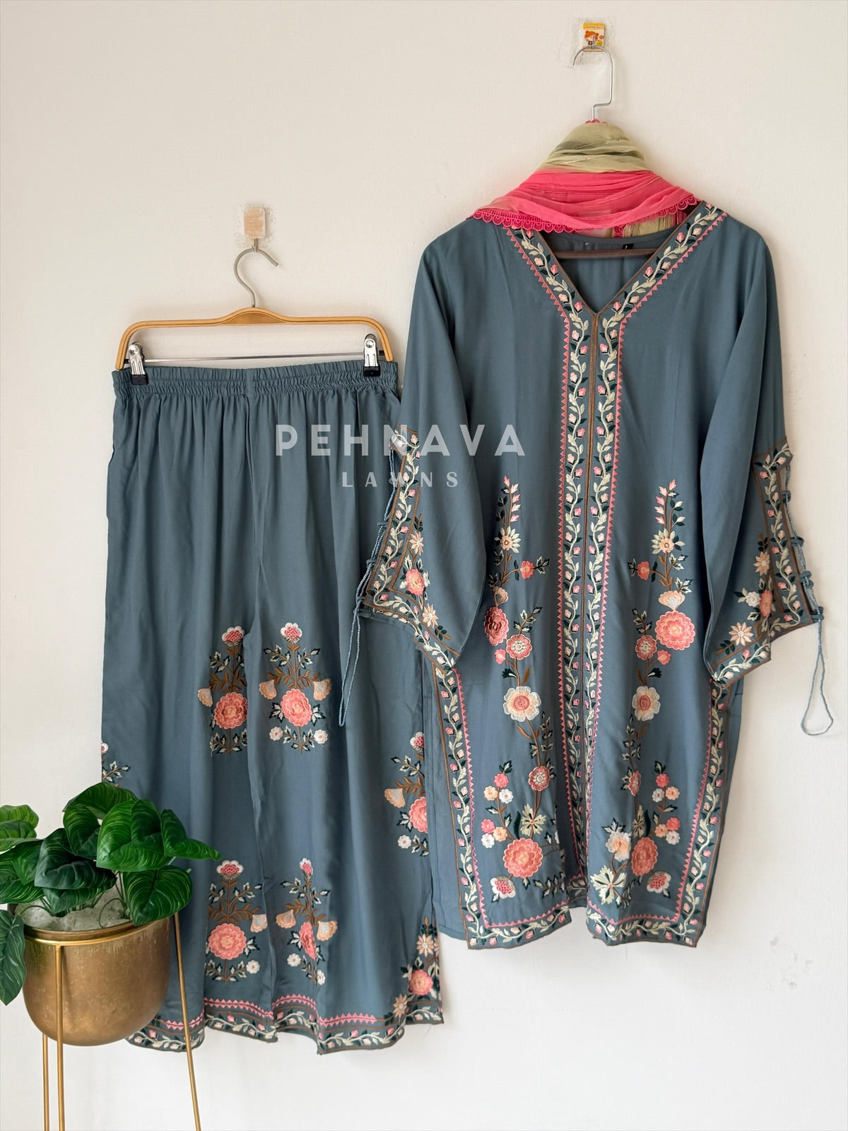 Floral Embroidered Three Piece Suit
