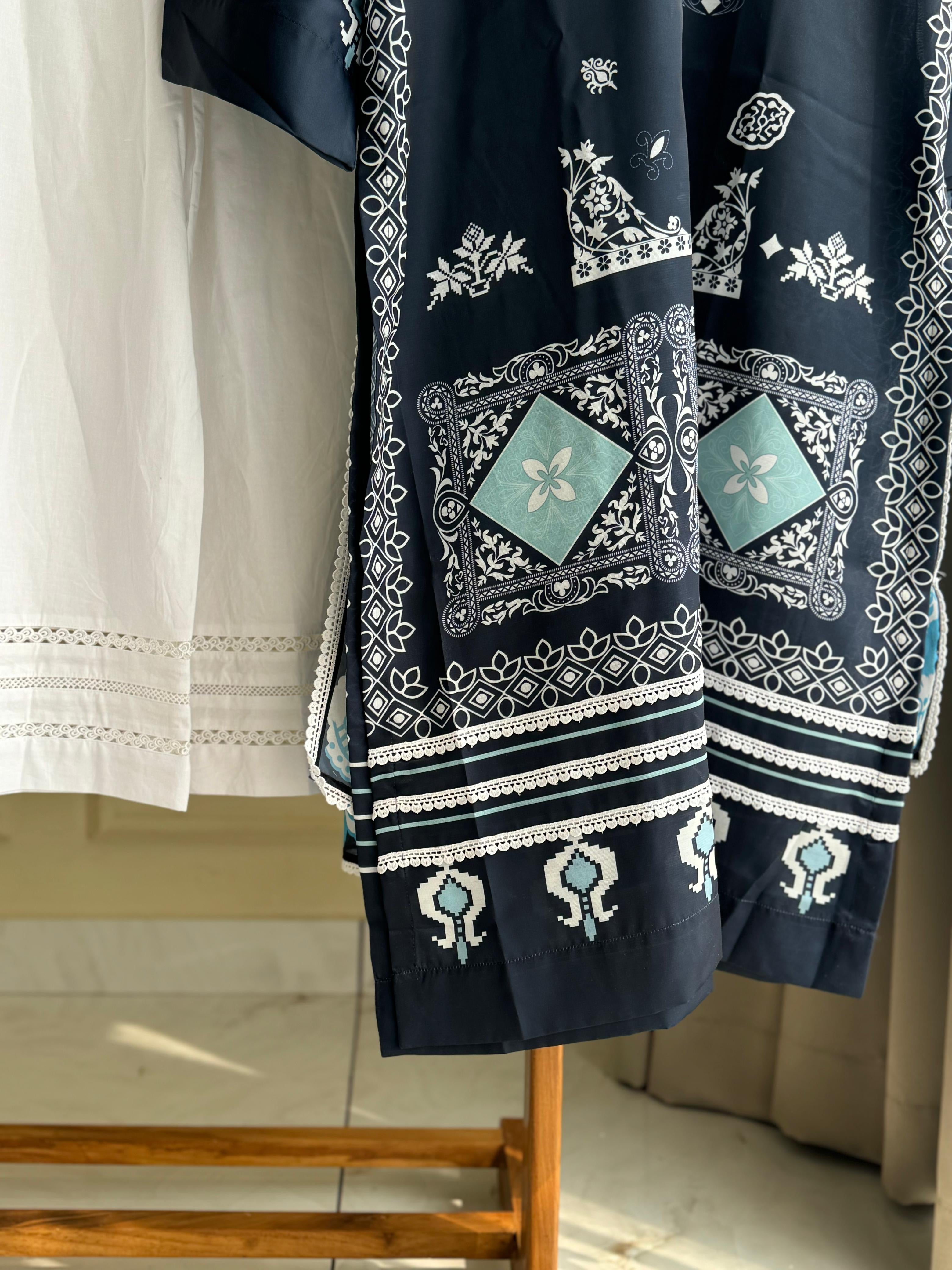 Premium Viscous Silk Denim Gray Tunic Set