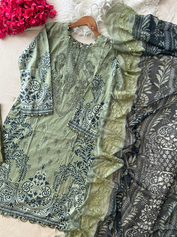 Green Block Printed Pakistani Suit