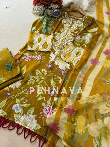 Yellow Floral Patterned Casual Pak-Suit-1363