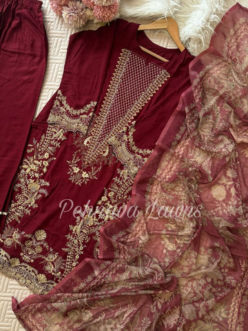 Semistitched Rayon Fully Embroidered Suit-3640