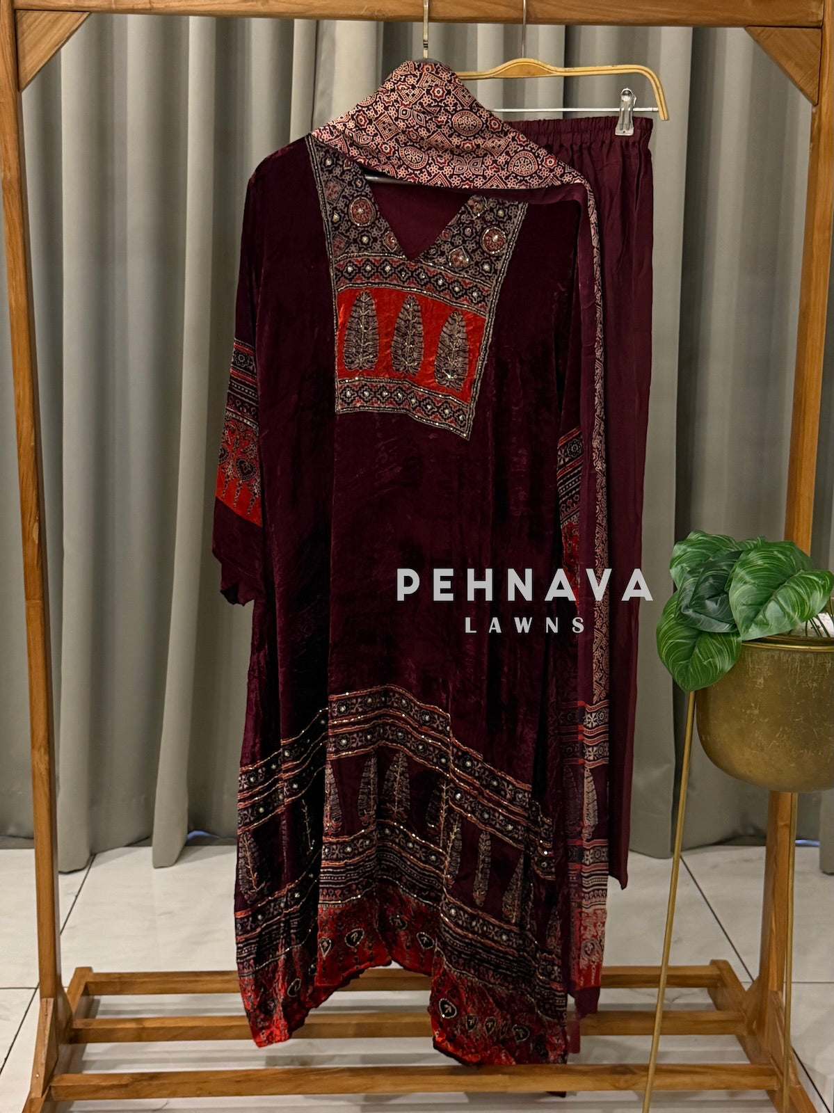 Velvet Ajrak Printed Three Piece Ensemble-1314