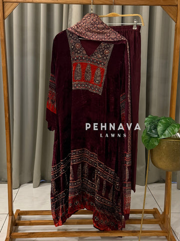 Velvet Ajrak Printed Three Piece Ensemble-1314