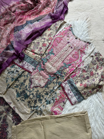 Paki printed suit with embroidered neck detailing-2007kk