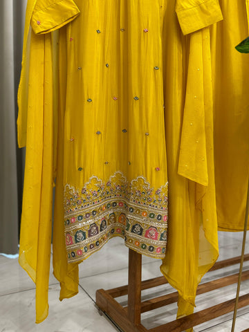 Elegant Crepe embroidered Yellow suit featuring modern flair