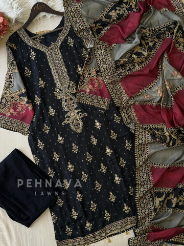 Black Premium Muslin Suit - Pehnava Lawns