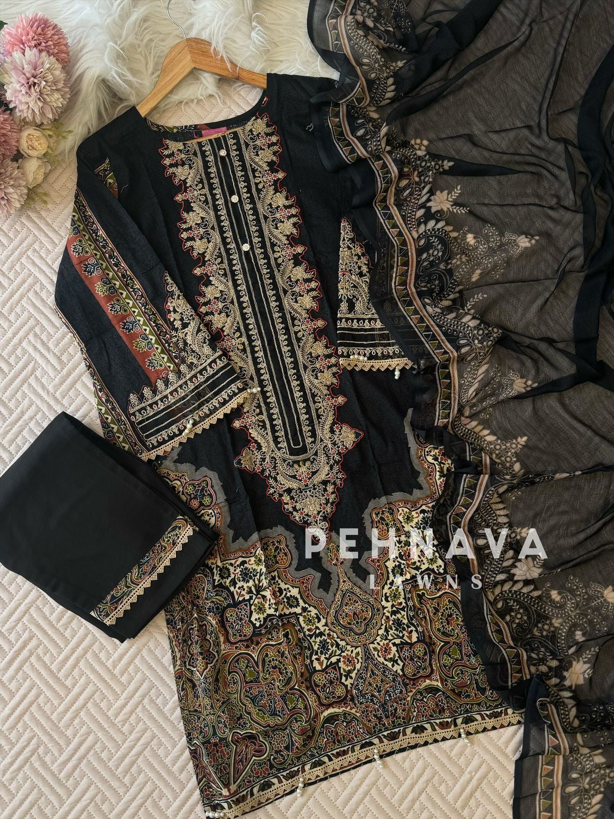 Printed casual suit with chiffon dupatta
