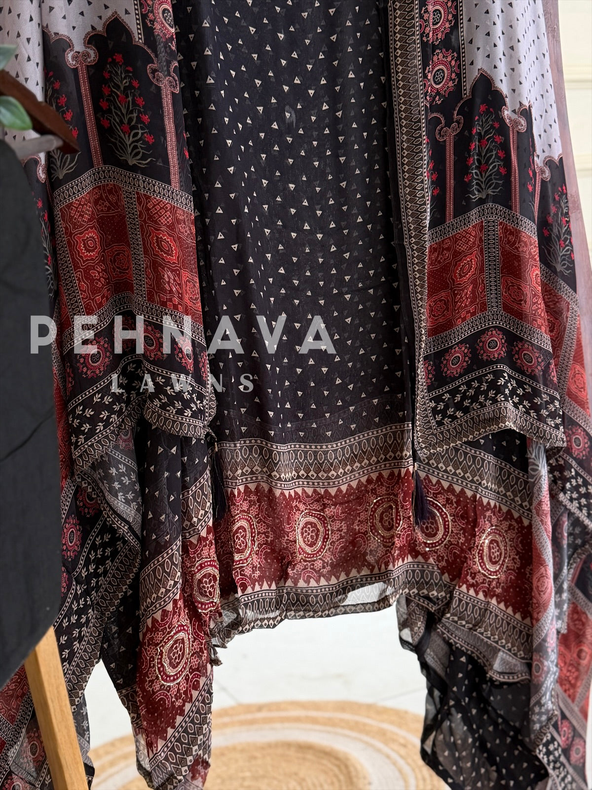Ajrak Yoke Unstitched Suit