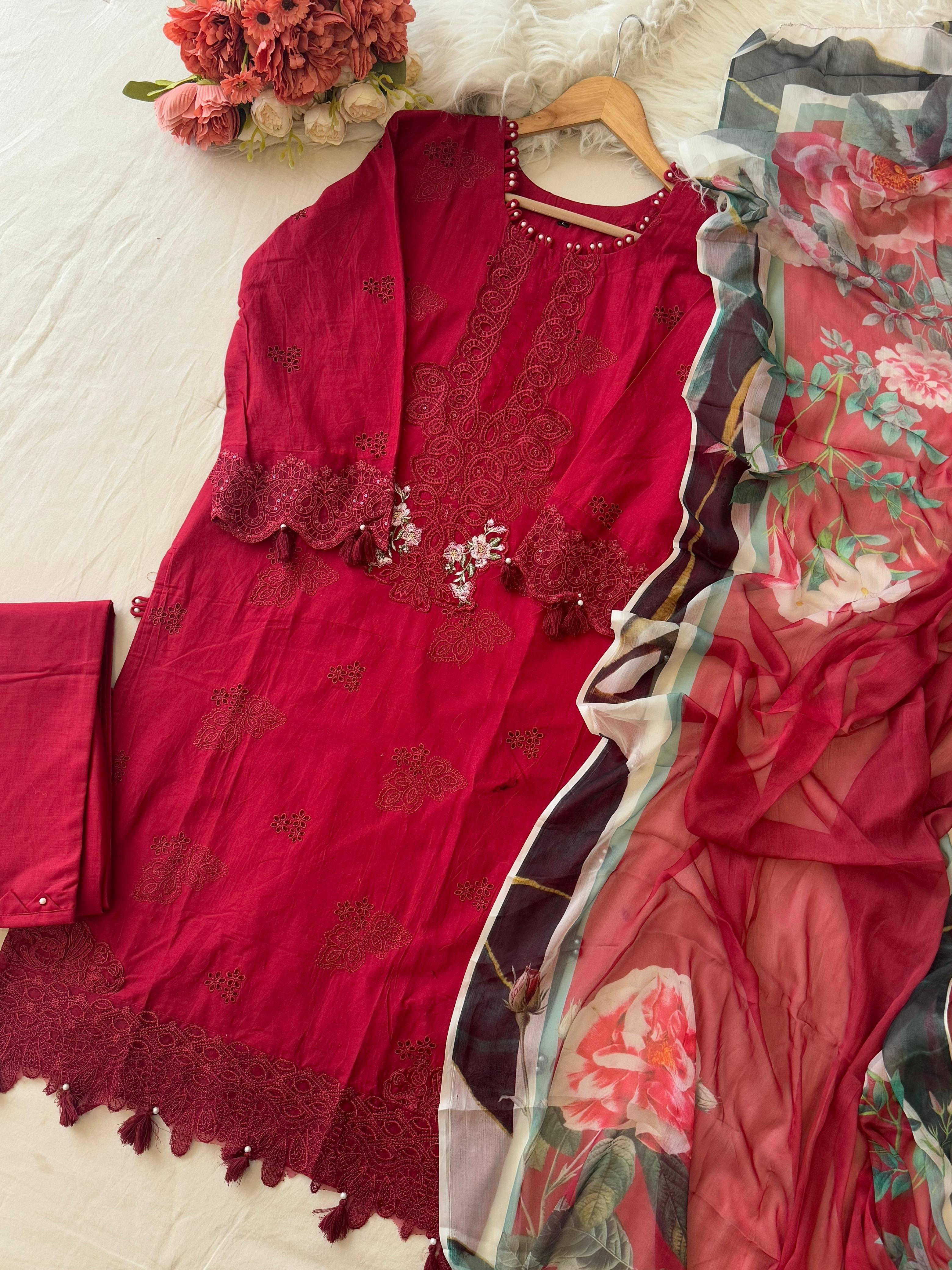 Premium Red Pak-Suit With Chiffon Dupatta