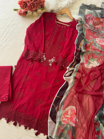 Premium Red Pak-Suit With Chiffon Dupatta
