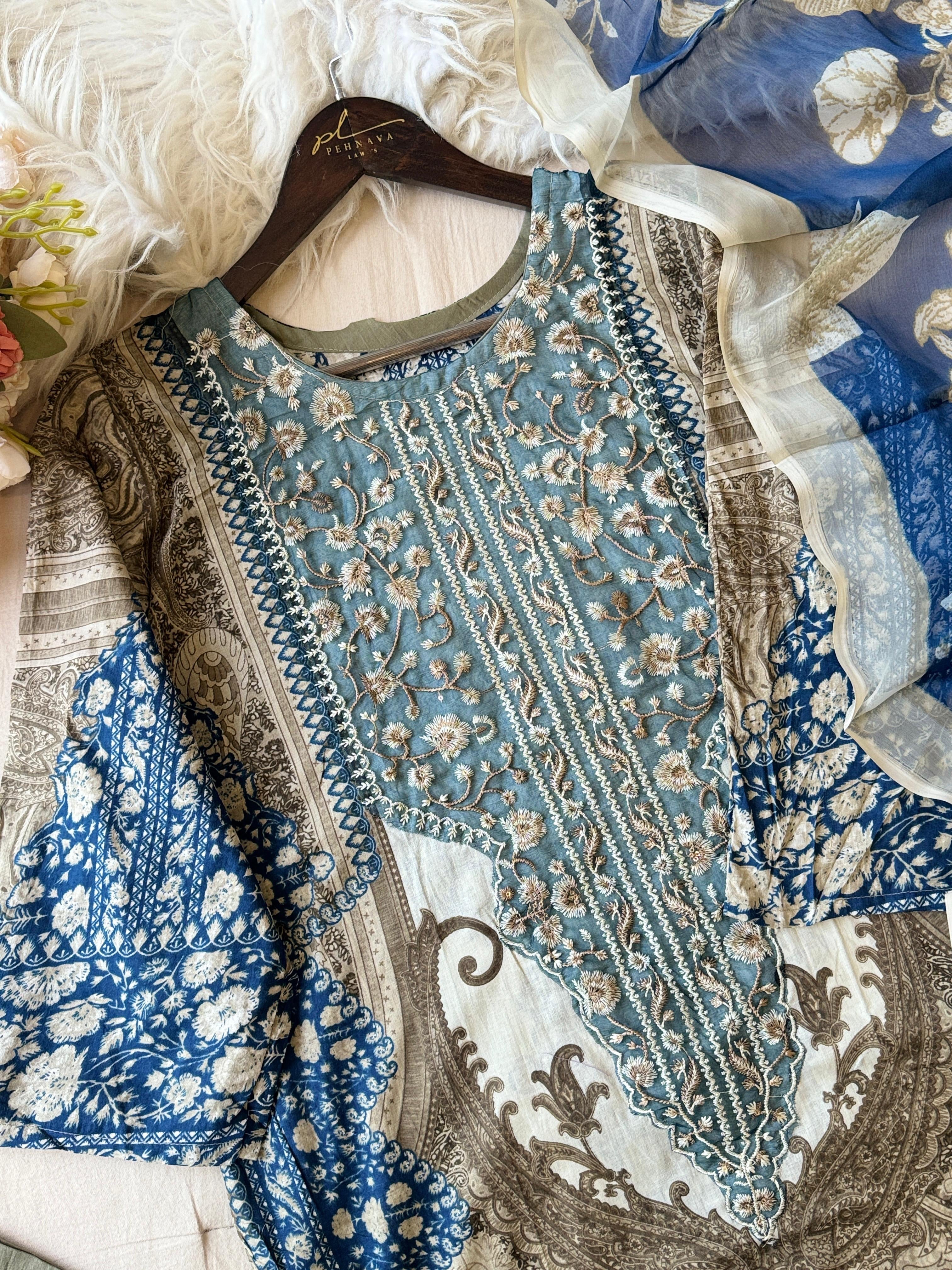 Blue Neckline Embroidered Pak-Suit-1362