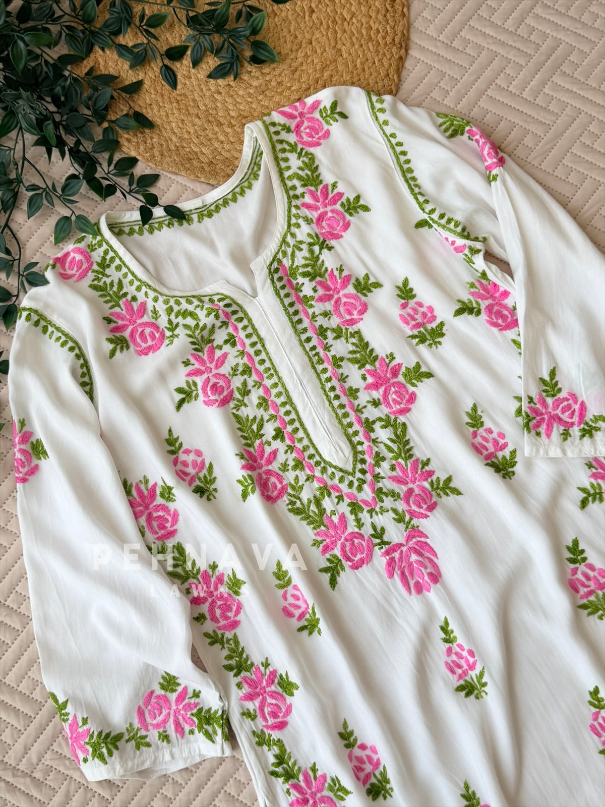 White & Pink Chikankari Rayon Kurta Set