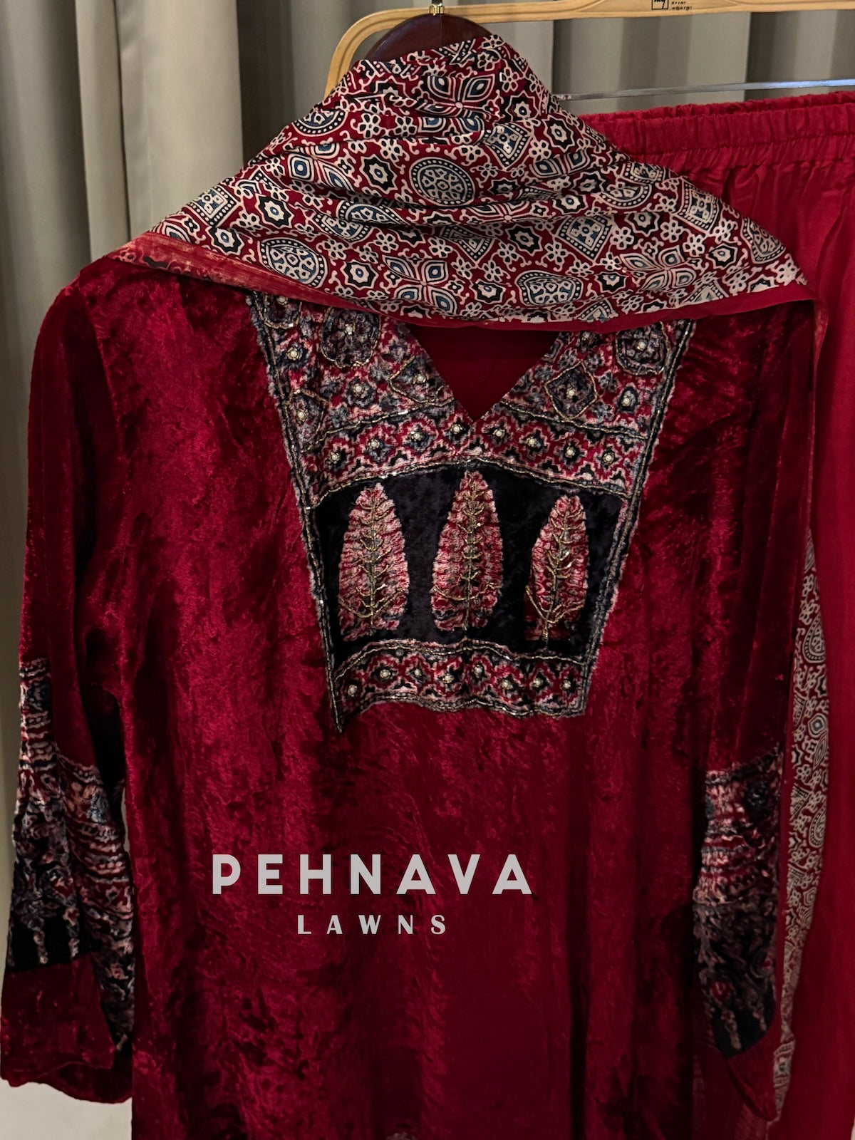 Velvet Ajrak Printed Three Piece Ensemble-1314