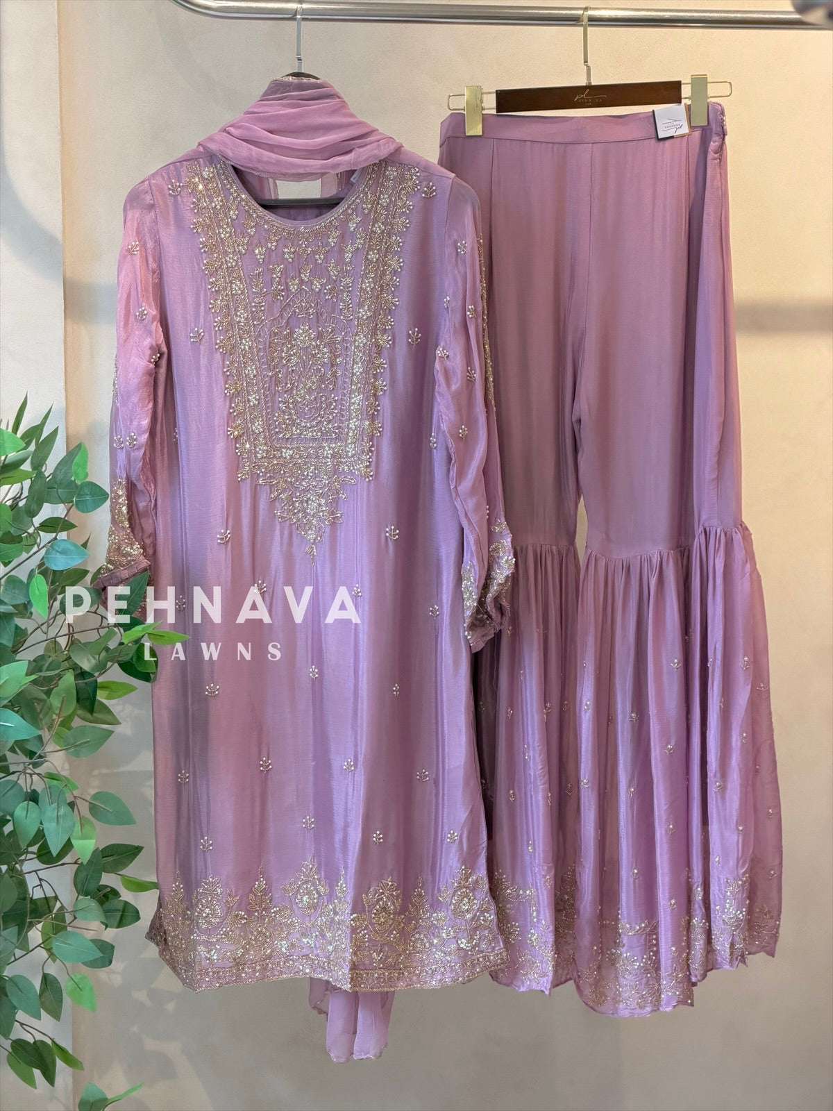 Heavily Handworked Sharara with Pure Chiffon Dupata - Pehnava Lawns