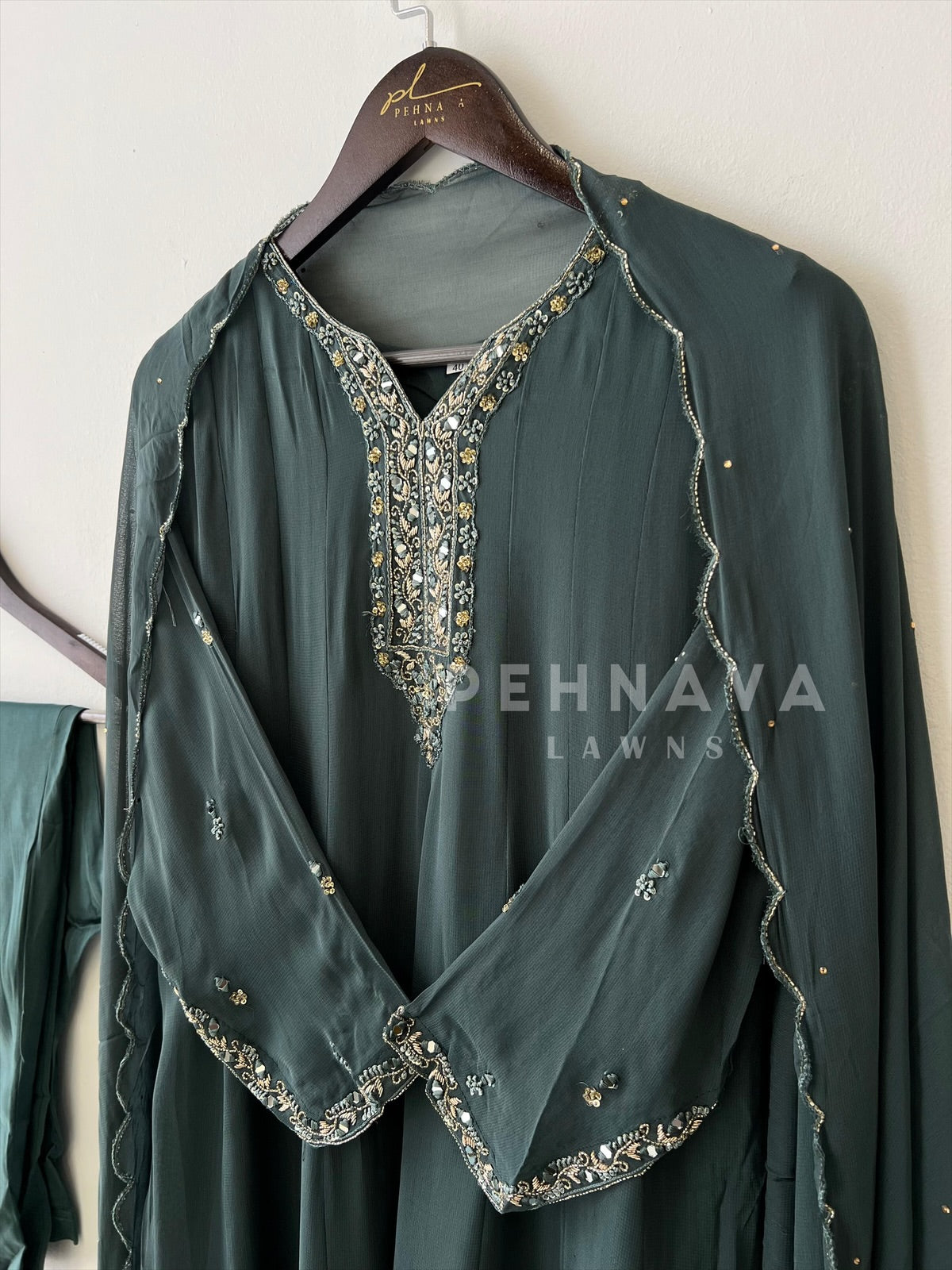 Full-flaired front slitted Gown with hand and Neck detailings - Pehnava Lawns