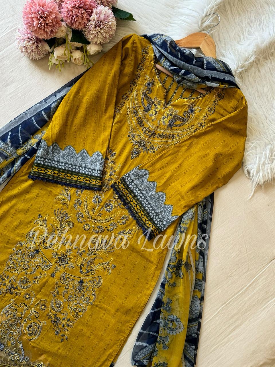 Yellow Cotton Embroidered Suit-584