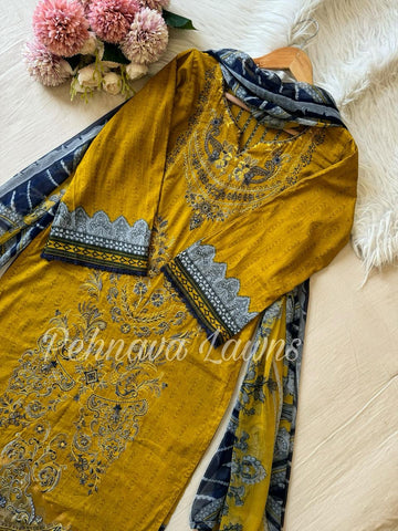 Yellow Cotton Embroidered Suit-584