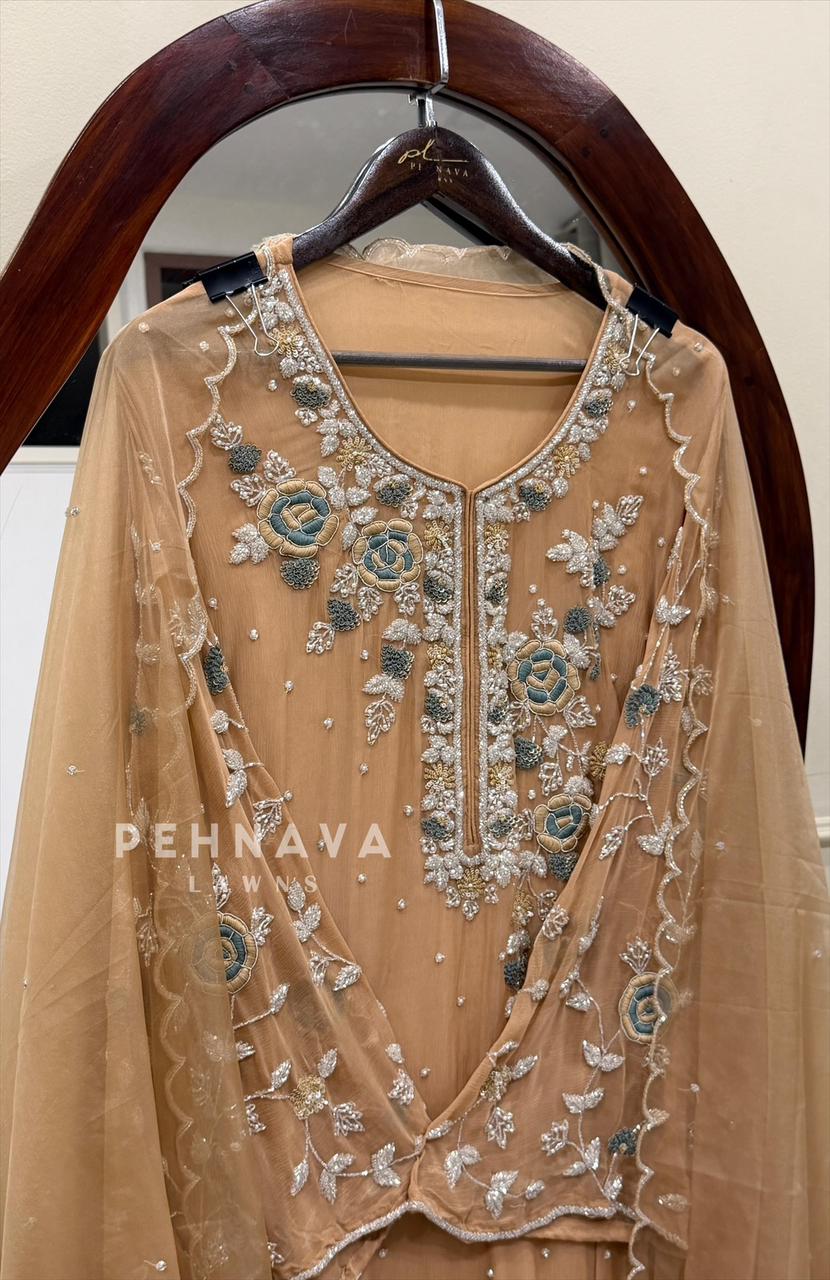 Premium Chiffon Handwork Suit With Bottom and Organza  Hand  Worked Dupatta 1180