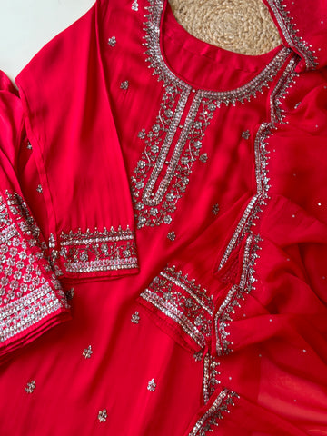 Handworked satin silk Suit with organza heavy dupatta-10160