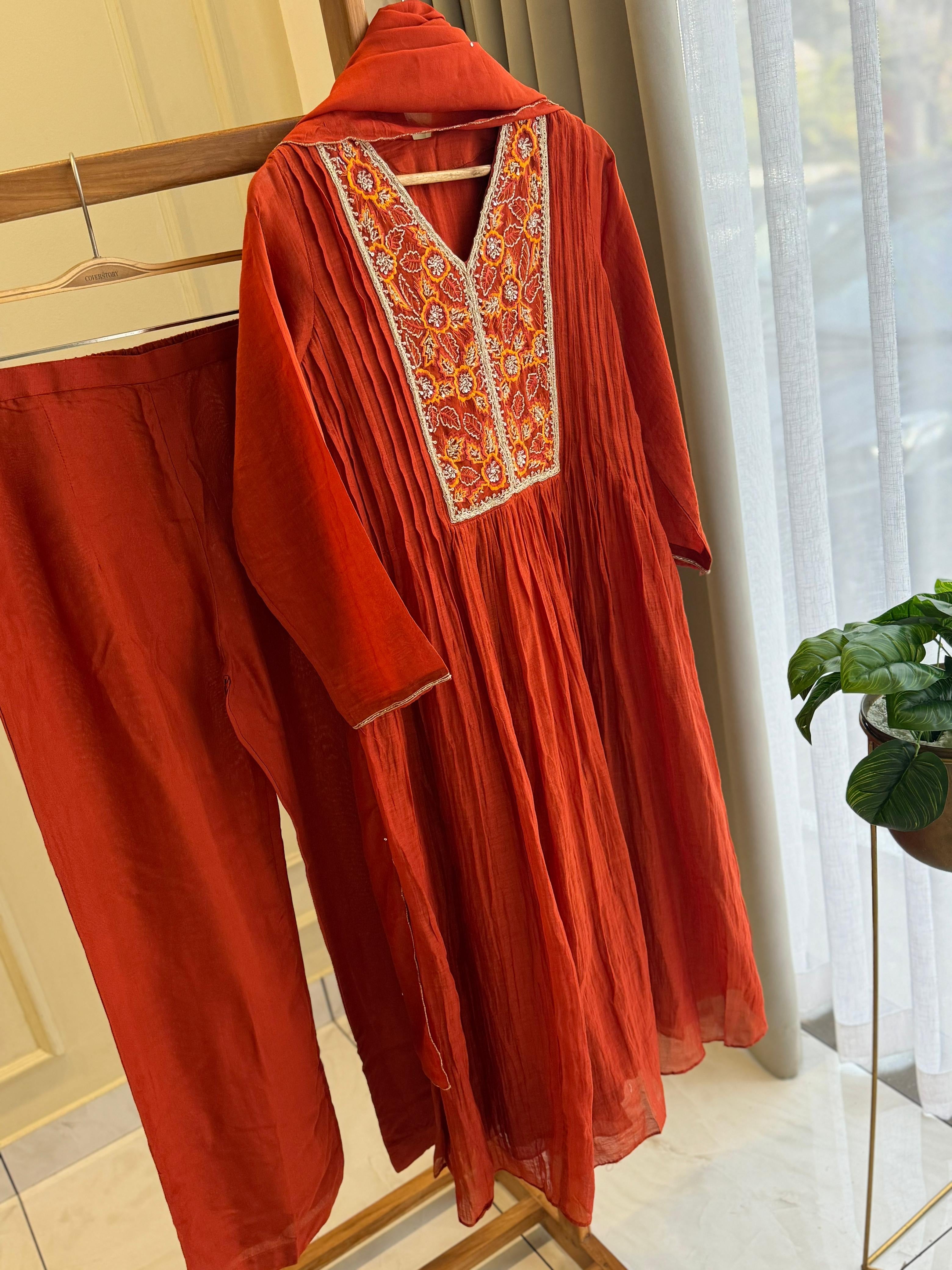 Pleated Mulchanderi Rust Anarkali Suit