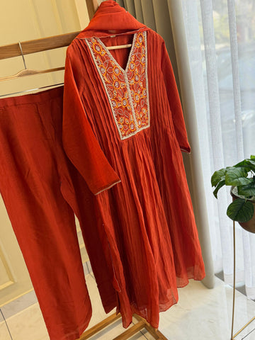 Pleated Mulchanderi Rust Anarkali Suit