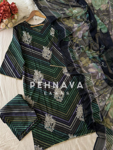 Classic Embroidered Chevron Suit with Printed Dupatta - Pehnava Lawns