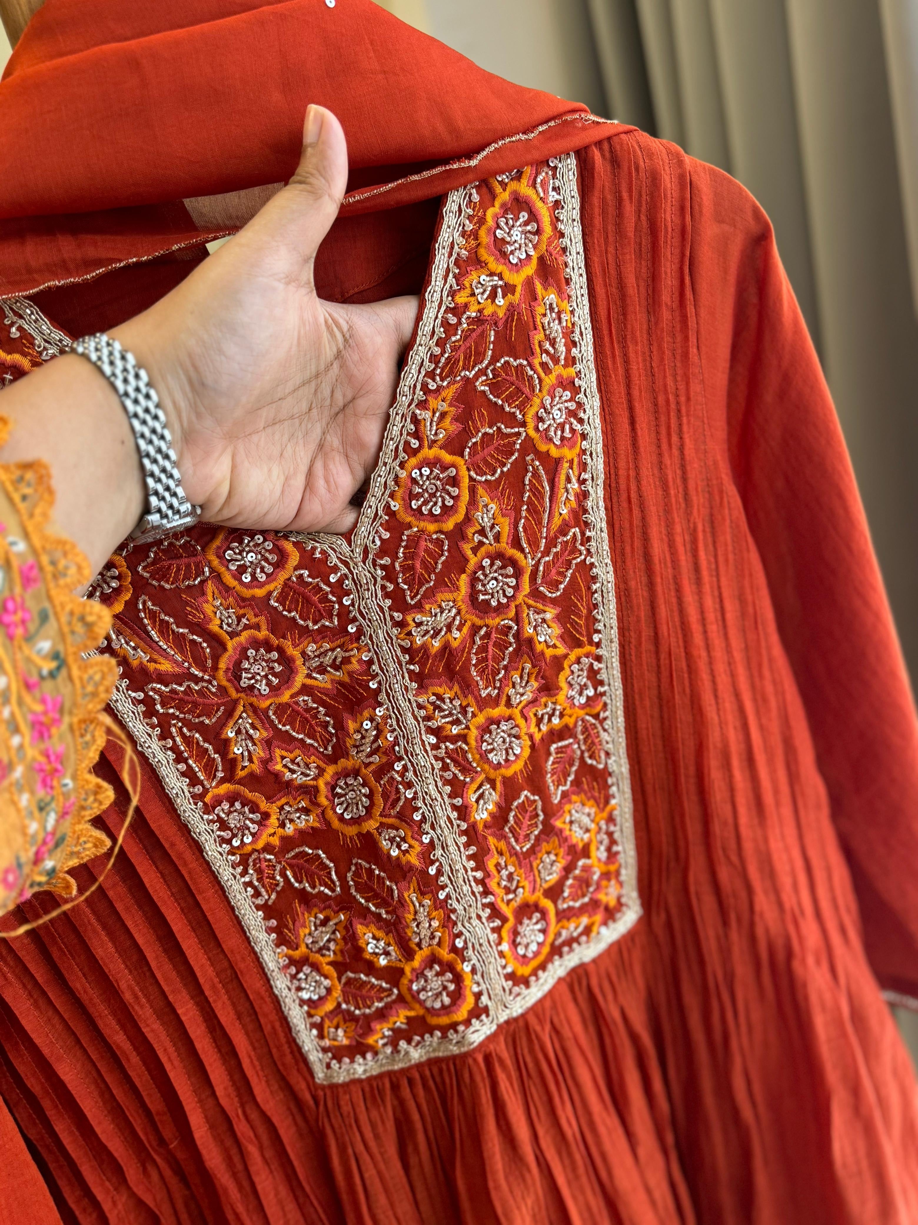 Pleated Mulchanderi Rust Anarkali Suit