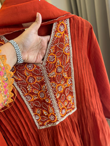 Pleated Mulchanderi Rust Anarkali Suit
