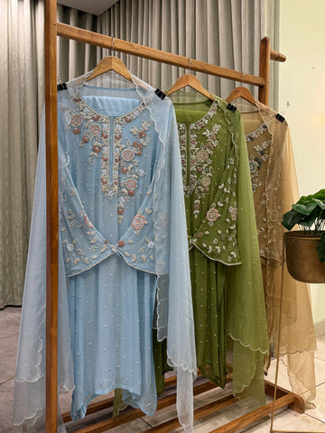 Premium Chiffon handwork suit with bottom and organza  hand  worked dupatta-1180
