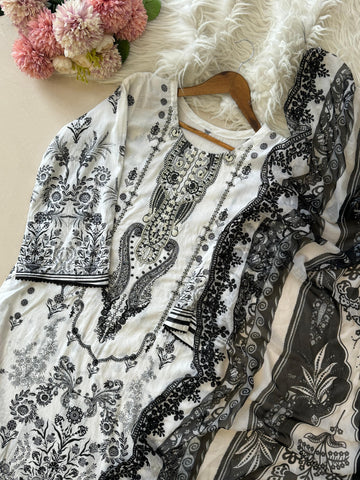 White Printed Unstitched Suit 3973