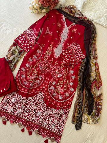 Red Semi-stitched Embroidered Rayon Suit 1451 - Pehnava Lawns