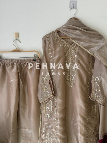 Beige Shimmer Party wear with Organza Dupatta - Pehnava Lawns