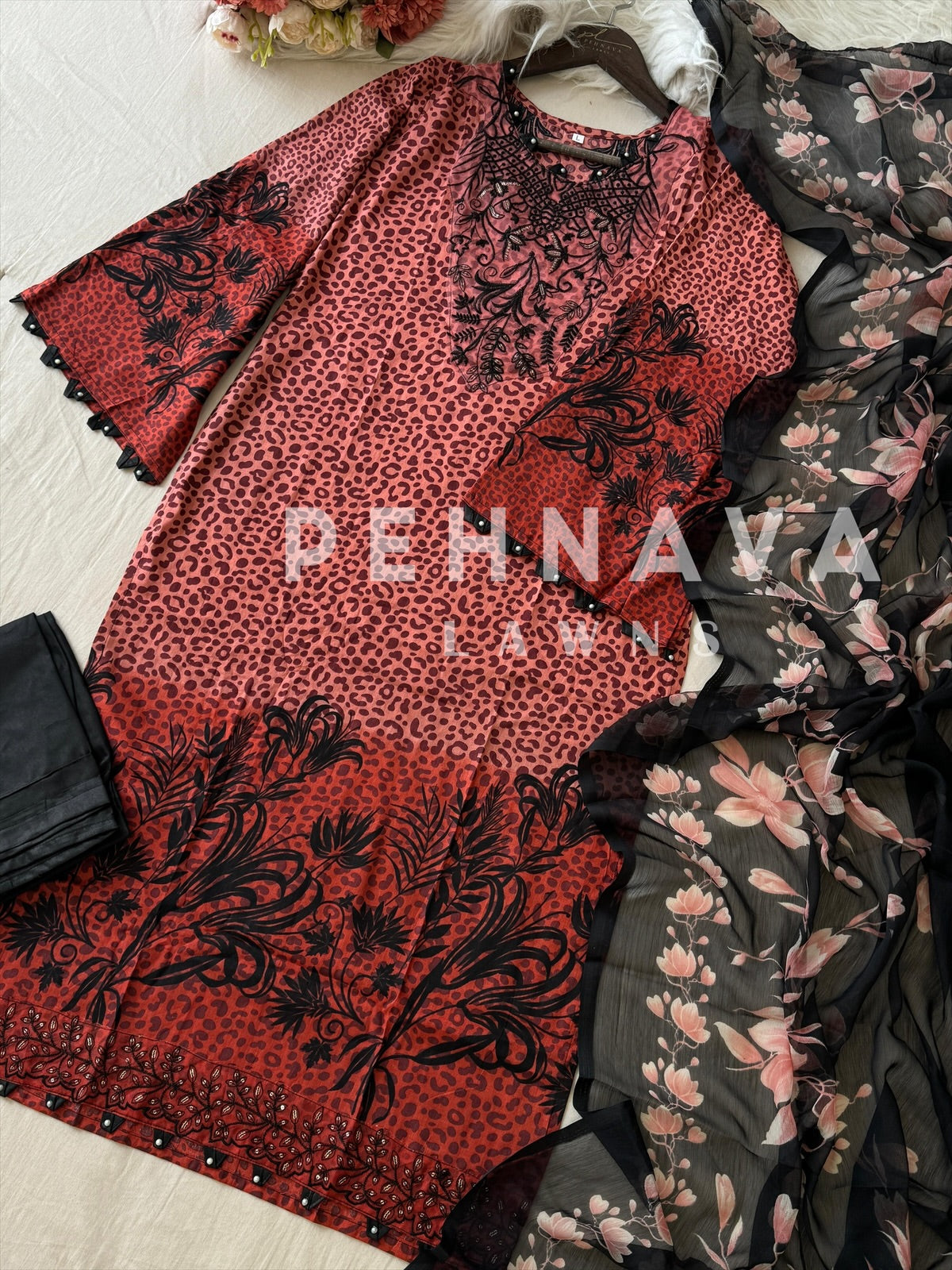 Three-Piece Ethnic Embroidery with Floral Dupatta-1355