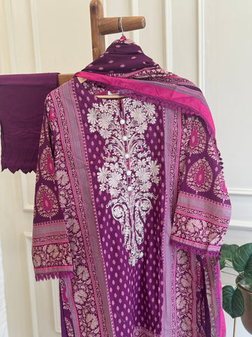 Maroon Elegance Khaadi 3-Piece Embroidered Lawn Suit