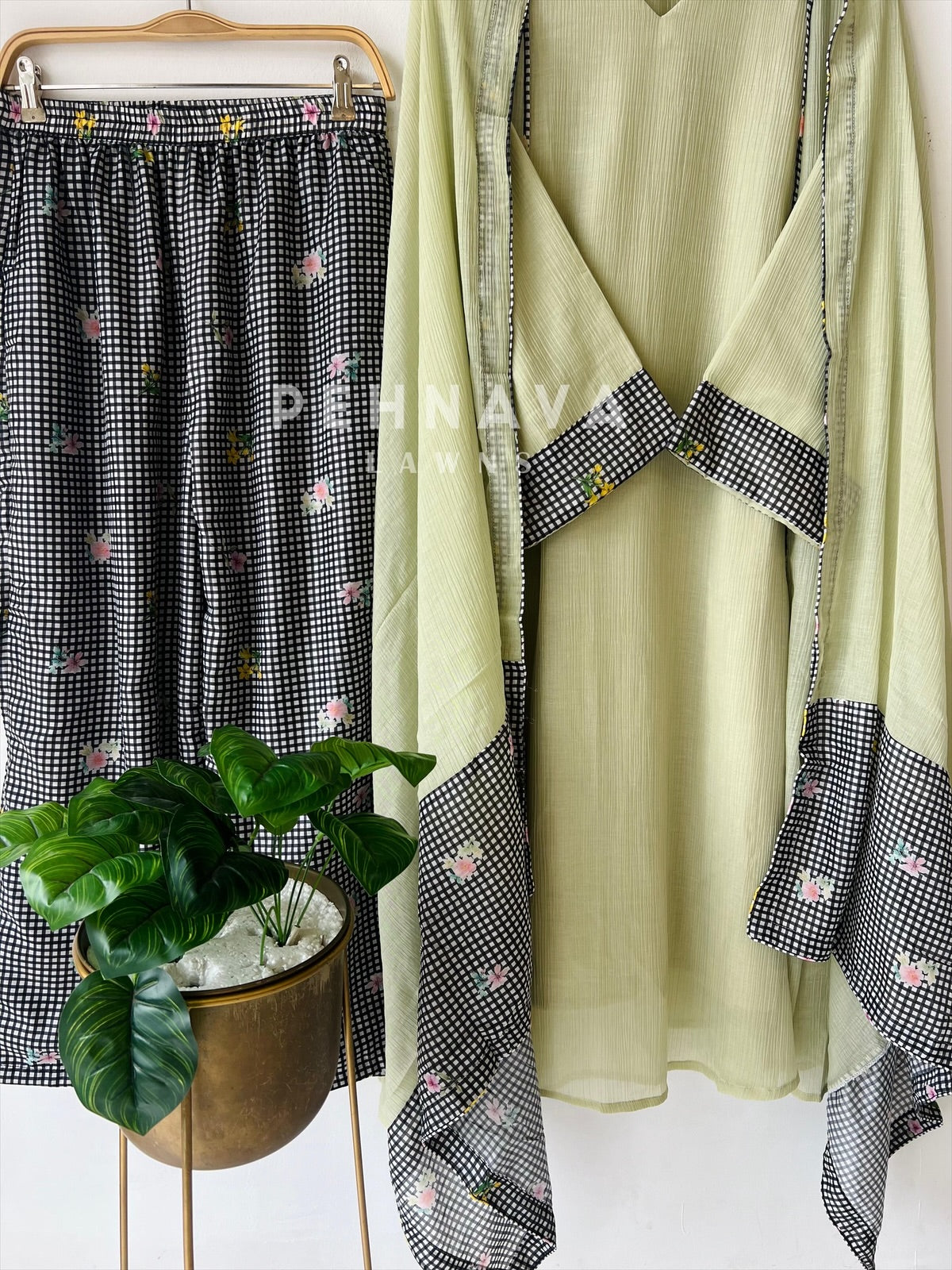 Floral Print Check Ensemble-4346