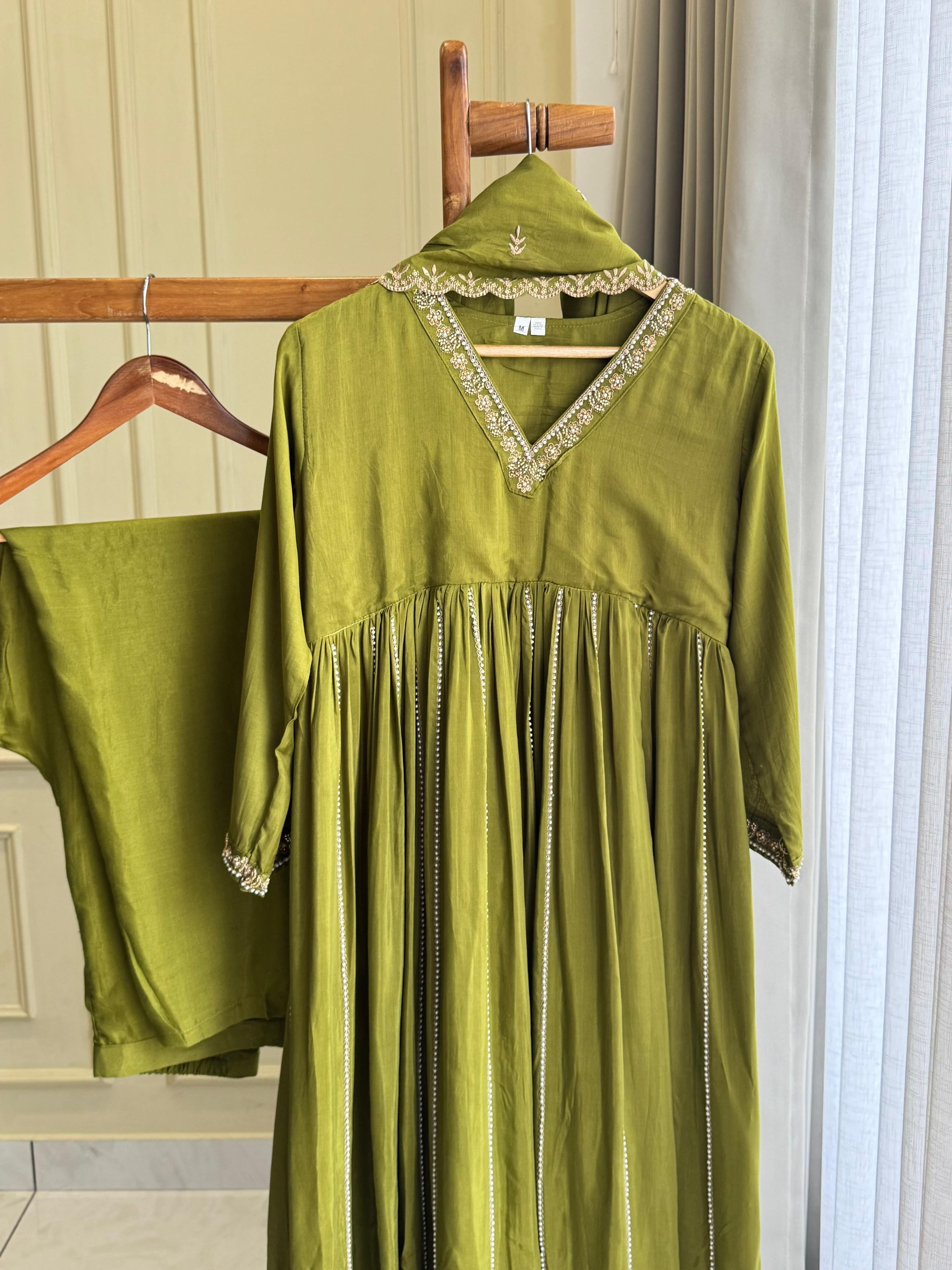 Rayon Anarkali Pleated suit with Pearl detailings