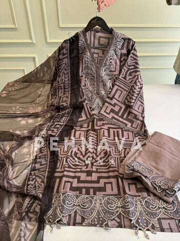 Embroidered Lawn Suit with Printed Dupatta-Chiffon/Cotton-7