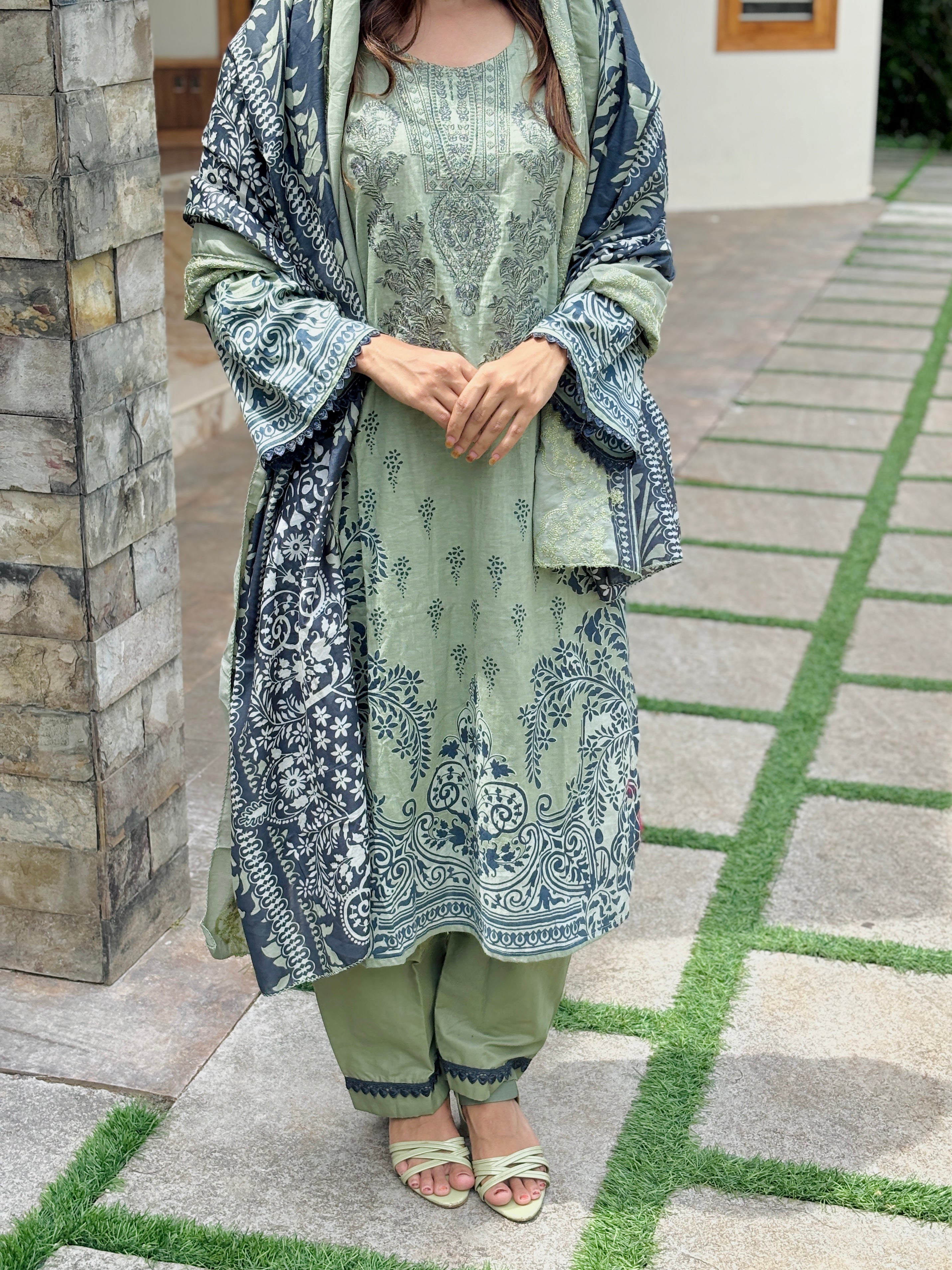 Green  Printed Unstitched Suit
