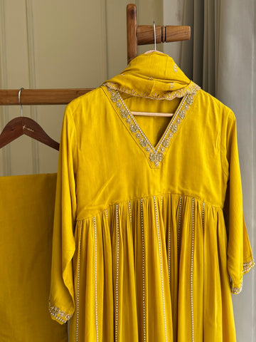 Rayon Anarkali Pleated suit with Pearl detailings