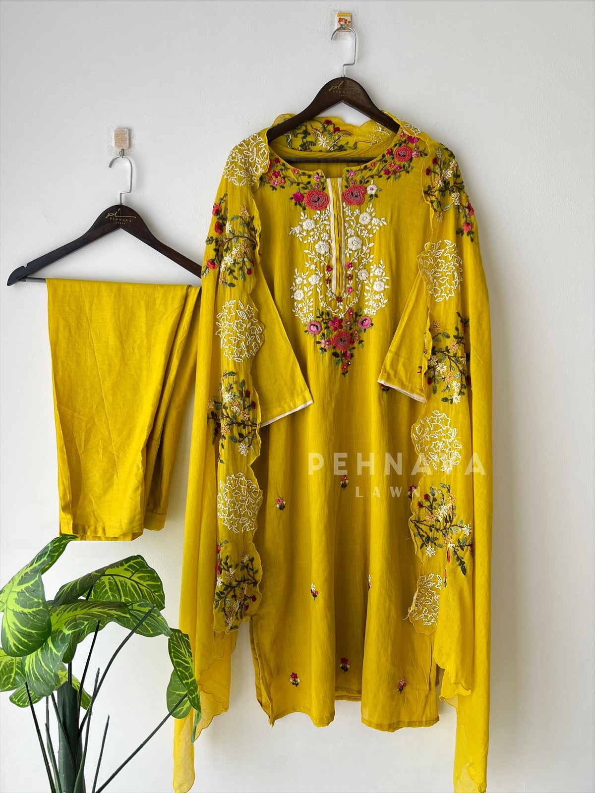 Floral Embroidered Suit with Scalloped Dupatta