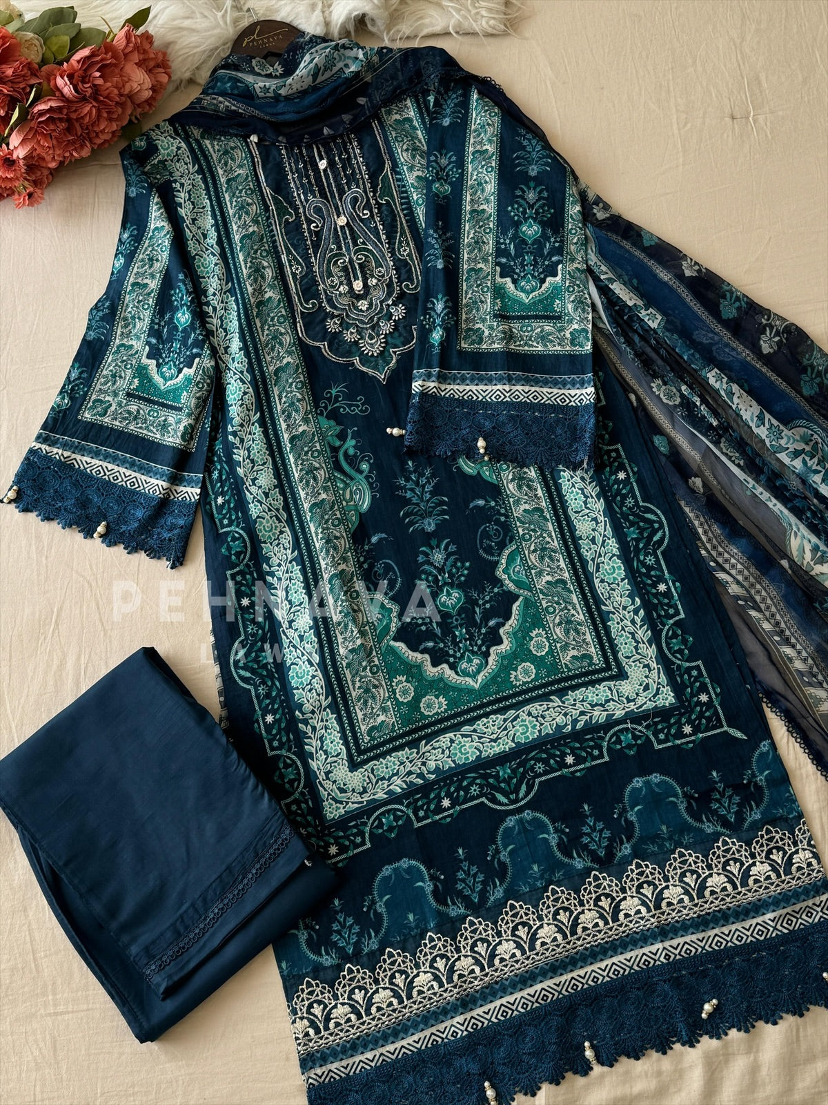 Paki Printed casual suit with chiffon dupatta1395 - Pehnava Lawns