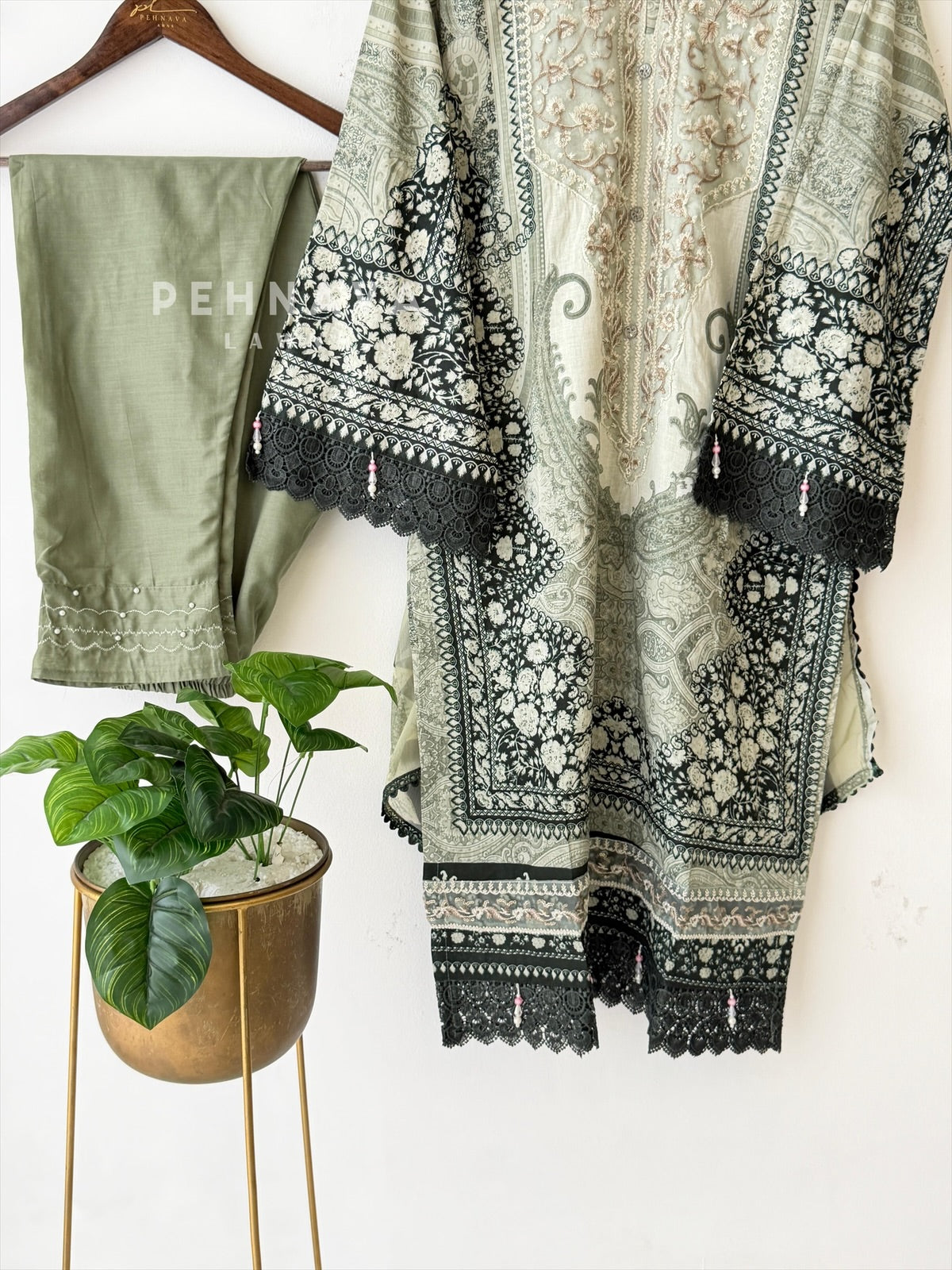 Green Neckline Embroidered Unstitched Pak-Suit AZ-1361-B