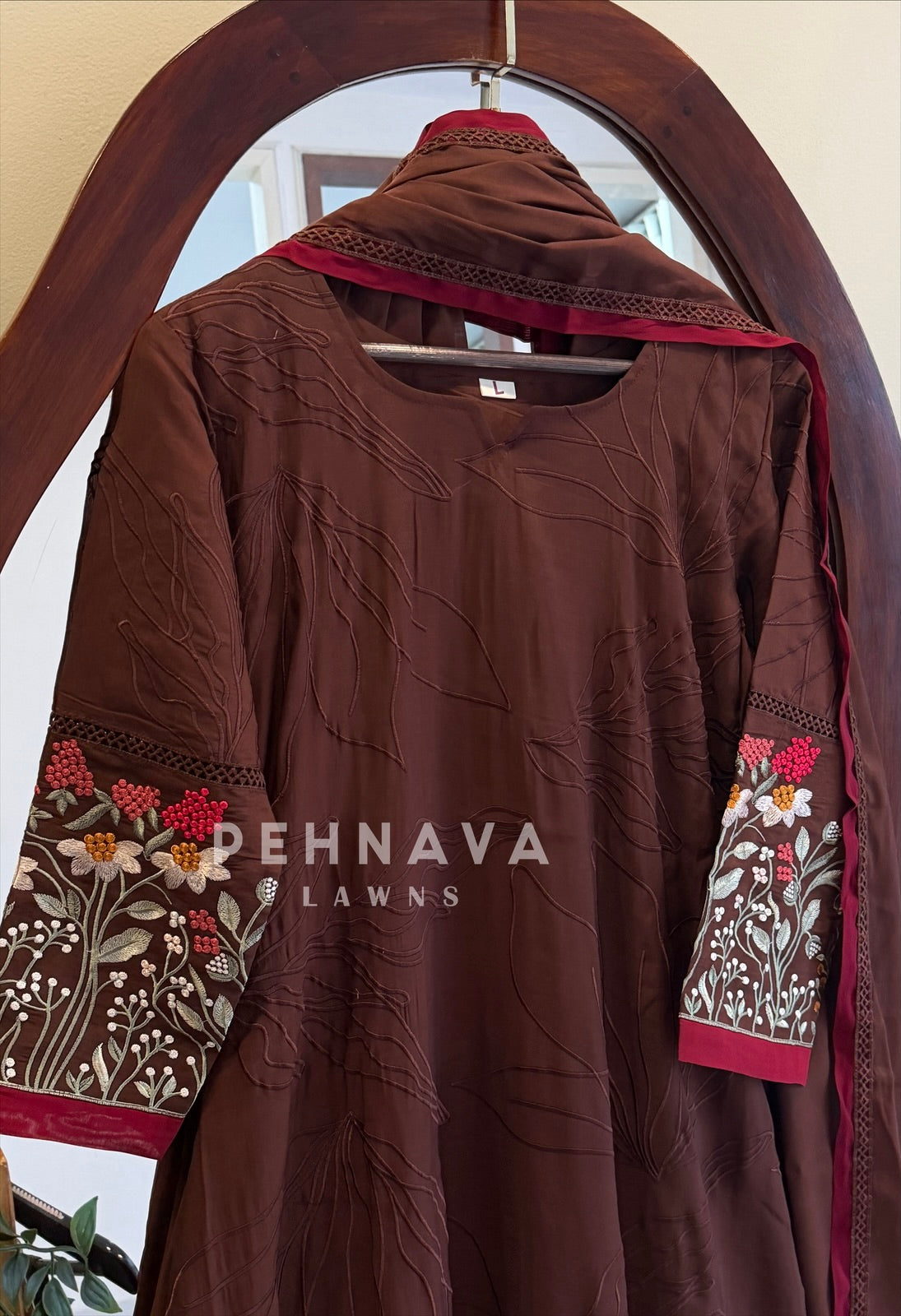 Brown Floral Embroidered Suit Set