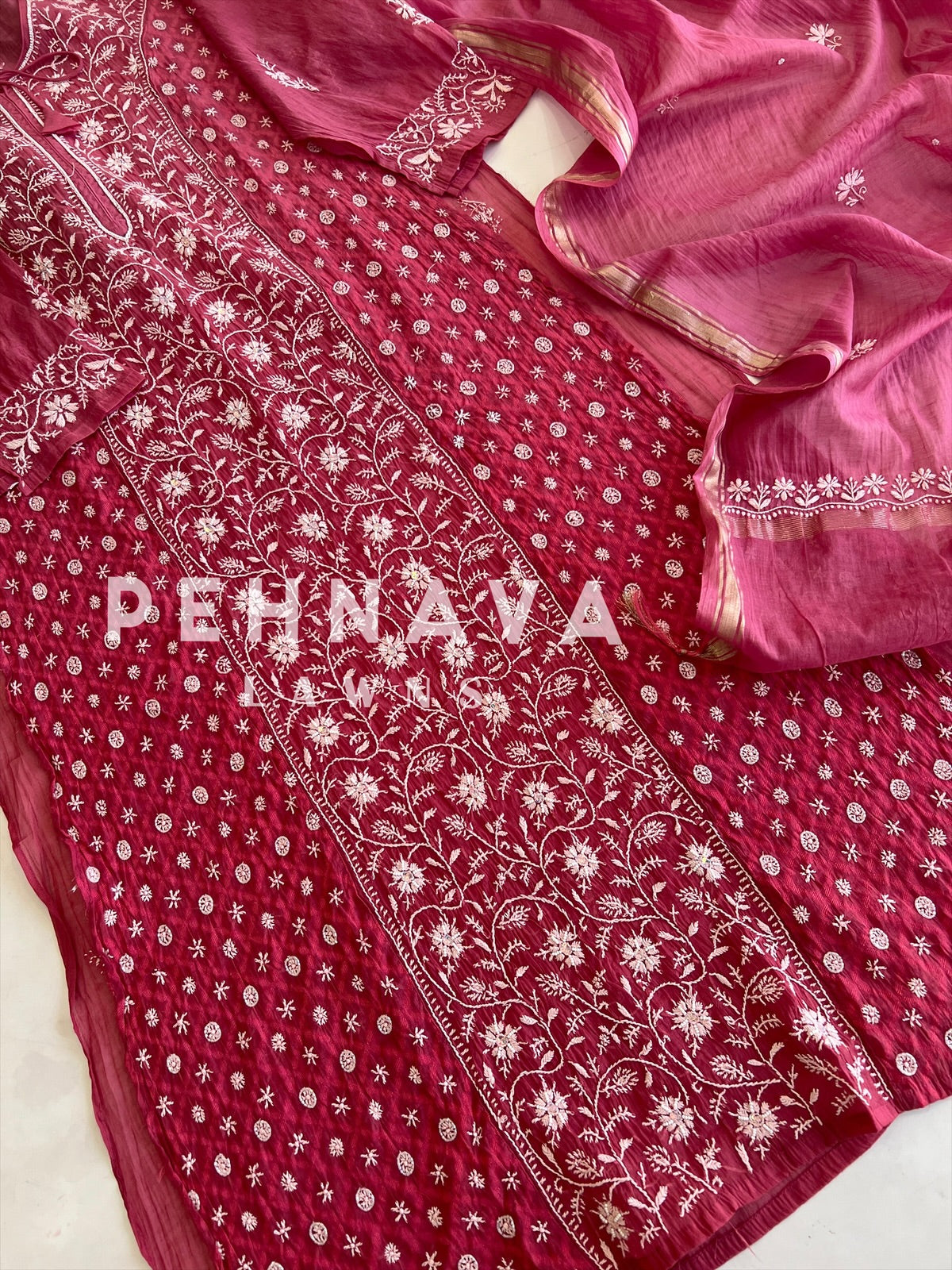Chanderi chikankari suit - Pehnava Lawns