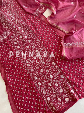Chanderi chikankari suit - Pehnava Lawns