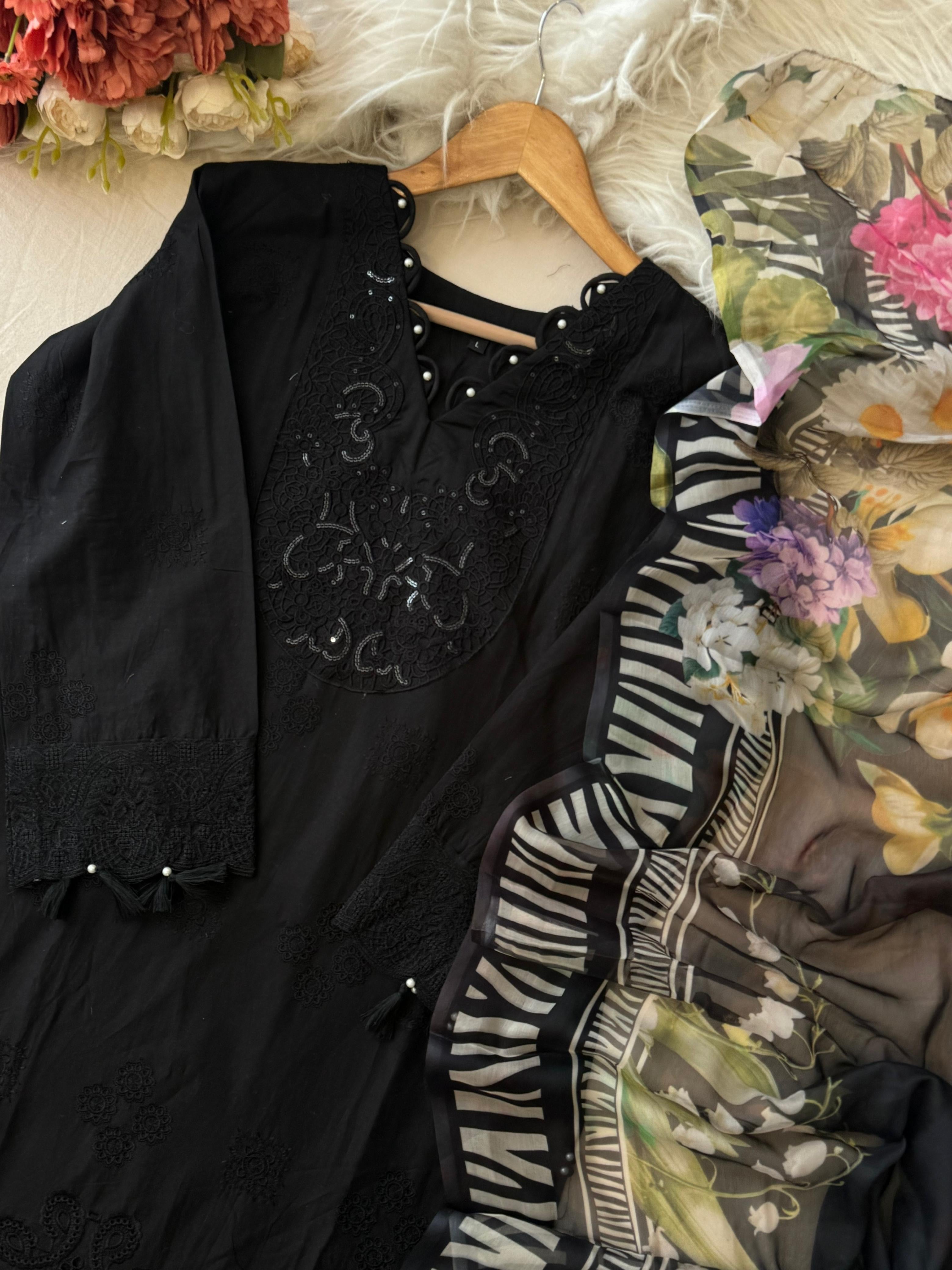 Premium Black Pak-Suit With Chiffon Dupatta - Pehnava Lawns