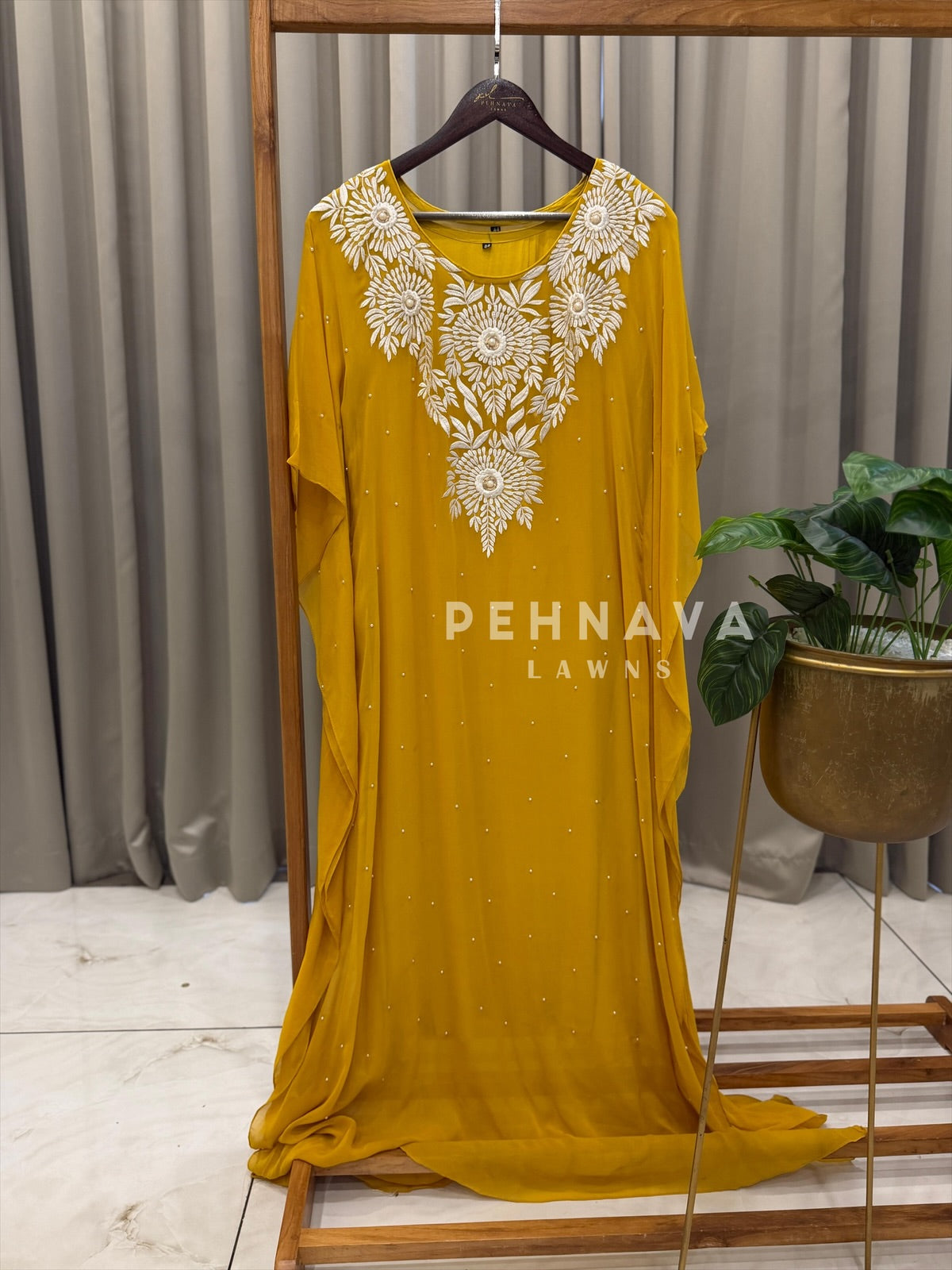 Heavy Embroidery With Pearl Detail kafthan yellow